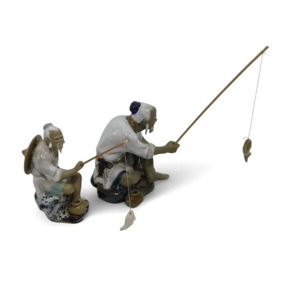 Chinese MUDMAN FISHERMEN Figurines Set Of 2 With Fishing Rods and Fish Vintage - Picture 2 of 10